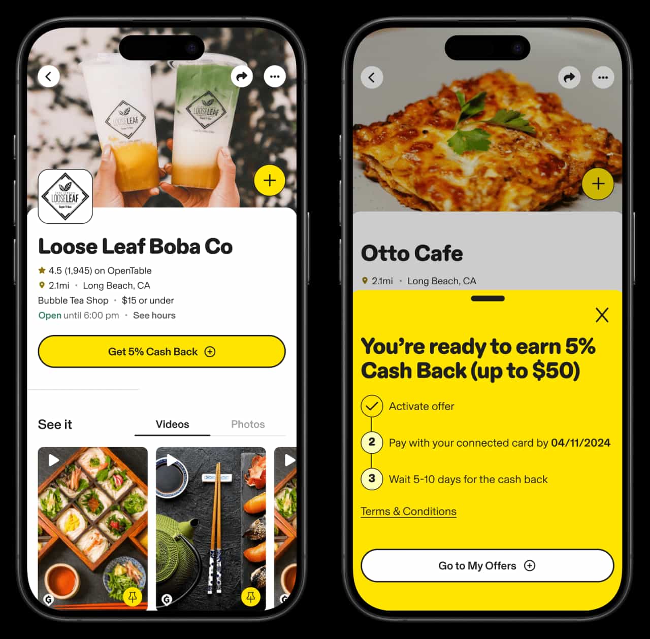 App showing a restaurant cashback opportunity