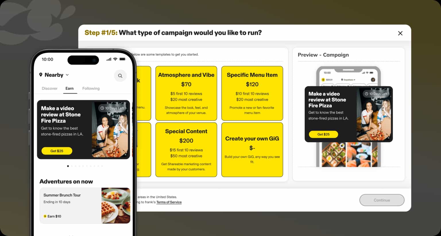 The franki app showing campaigns